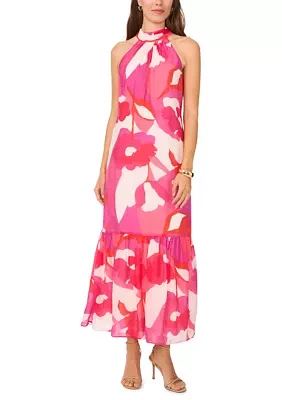 Women's Sleeveless Halter Neck Floral Print A-Line Maxi Dress