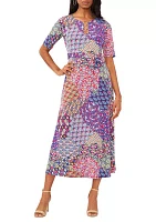 Women's Elbow Sleeve V-Neck 3-Ring Tie Waisted Printed Midi Dress