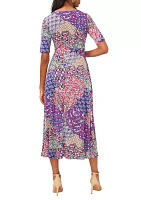 Women's Elbow Sleeve V-Neck 3-Ring Tie Waisted Printed Midi Dress