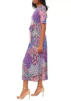 Women's Elbow Sleeve V-Neck 3-Ring Tie Waisted Printed Midi Dress