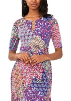 Women's Elbow Sleeve V-Neck 3-Ring Tie Waisted Printed Midi Dress