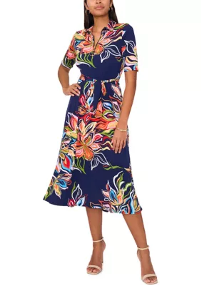 Women's Short Sleeve Collar Printed Fit and Flare Maxi Dress