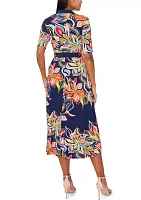 Women's Short Sleeve Collar Printed Fit and Flare Maxi Dress