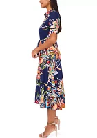 Women's Short Sleeve Collar Printed Fit and Flare Maxi Dress