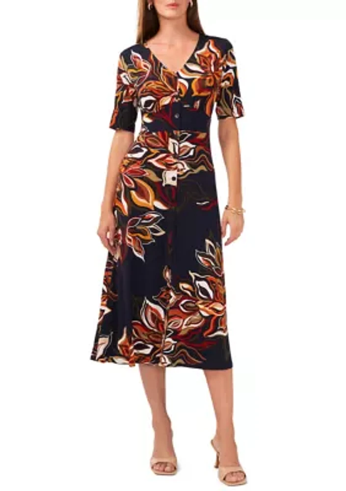 Women's Elbow Sleeve V-Neck Floral Fit and Flare Dress