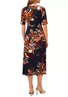 Women's Elbow Sleeve V-Neck Floral Fit and Flare Dress