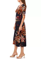 Women's Elbow Sleeve V-Neck Floral Fit and Flare Dress