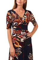 Women's Elbow Sleeve V-Neck Floral Fit and Flare Dress