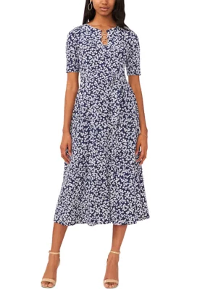 Women's Short Sleeve Ditsy Floral Print Midi Dress