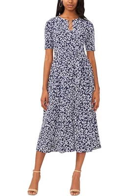 Women's Short Sleeve Ditsy Floral Print Midi Dress