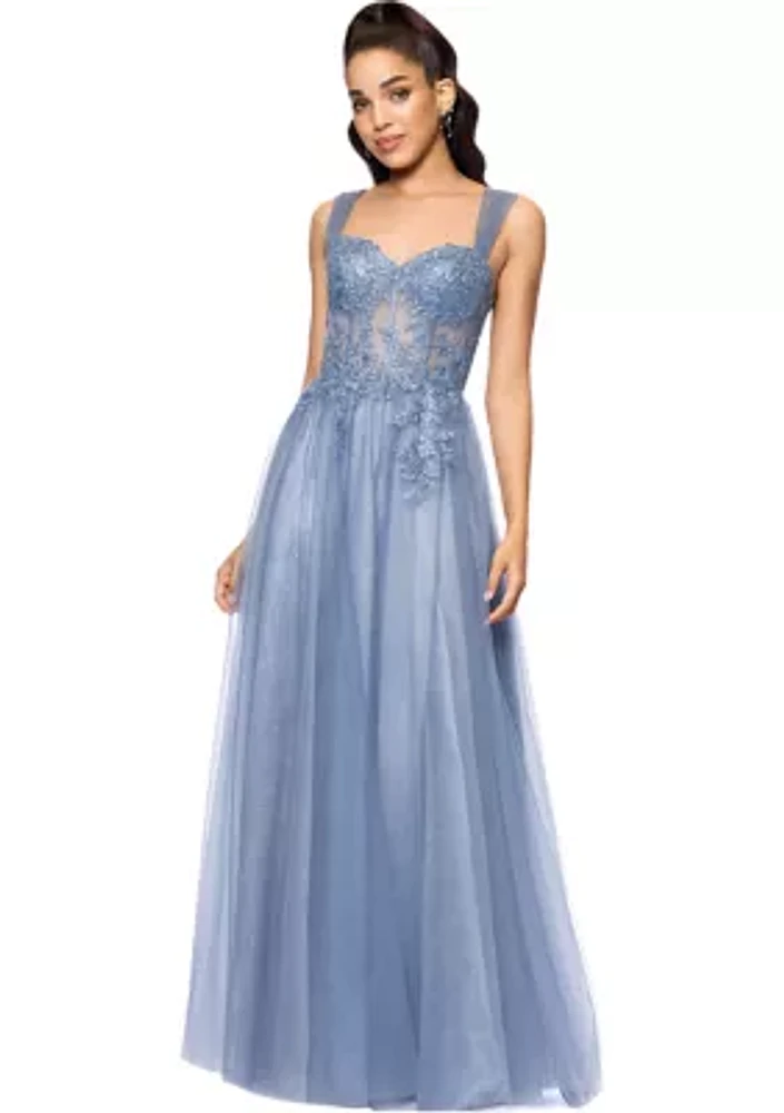 Women's Solid Glitter Corset Chiffon Gown