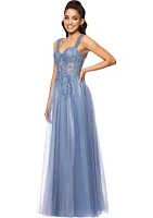 Women's Solid Glitter Corset Chiffon Gown