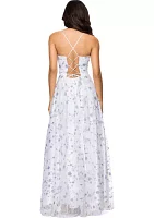 Women's Sleeveless Floral Glitter Printed Chiffon Gown