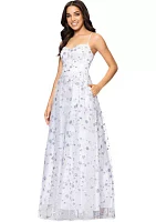 Women's Sleeveless Floral Glitter Printed Chiffon Gown