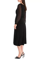 Women's Long Sleeve Crew Neck Solid Tie Waist Mesh Fit and Flare Dress