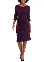 Women's 3/4 Ruffle Sleeve Solid Side Ruch Sheath Dress