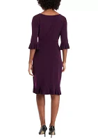 Women's 3/4 Ruffle Sleeve Solid Side Ruch Sheath Dress