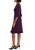 Women's 3/4 Ruffle Sleeve Solid Side Ruch Sheath Dress