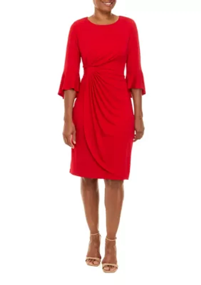 Solid Side Ruched Bell Sleeve Dress