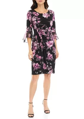 Women's 3/4 Sleeve Abstract Floral Print Sheath Dress