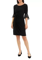 Women's Bell Sleeve Round Neck Solid Ruched Sheath Dress