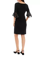 Women's Bell Sleeve Round Neck Solid Ruched Sheath Dress