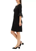 Women's Bell Sleeve Round Neck Solid Ruched Sheath Dress