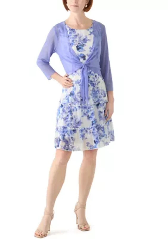 Women's 3/4 Sleeve Crew Neck Floral Print Jacket Dress