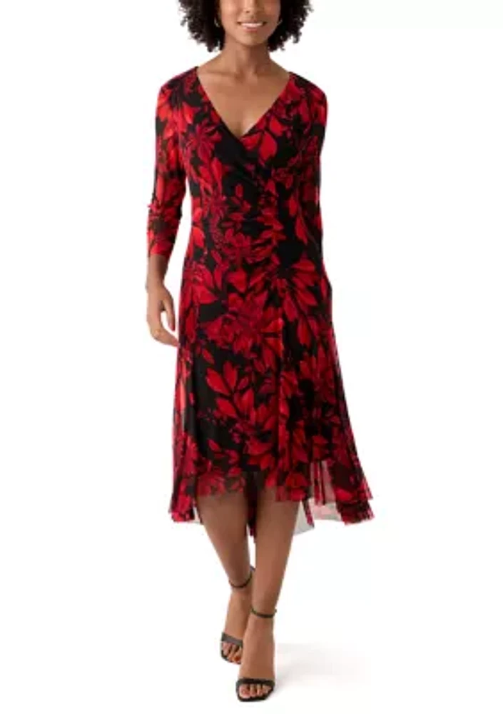 Women's 3/4 Sleeve V-Neck Printed Mesh Fit and Flare Dress