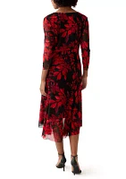 Women's 3/4 Sleeve V-Neck Printed Mesh Fit and Flare Dress