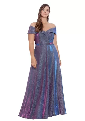 Plus Off the Shoulder Long Glitter Dress