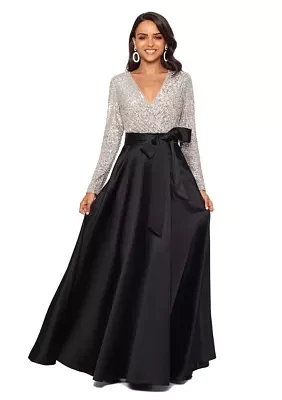 Women's V-Neck Bow Belt Two Tone Gown