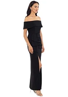 Women's Solid Side Ruched Ruffle Gown