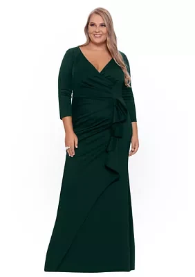 Plus Long Sleeve V-Neck Ruched Solid Scuba Gown