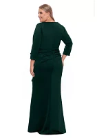 Plus Long Sleeve V-Neck Ruched Solid Scuba Gown