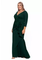 Plus Long Sleeve V-Neck Ruched Solid Scuba Gown