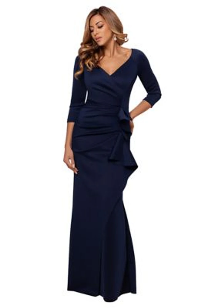 Women's 3/4 Sleeve V-Neck Solid Side Ruch Gown