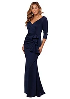 Women's 3/4 Sleeve V-Neck Solid Side Ruch Gown