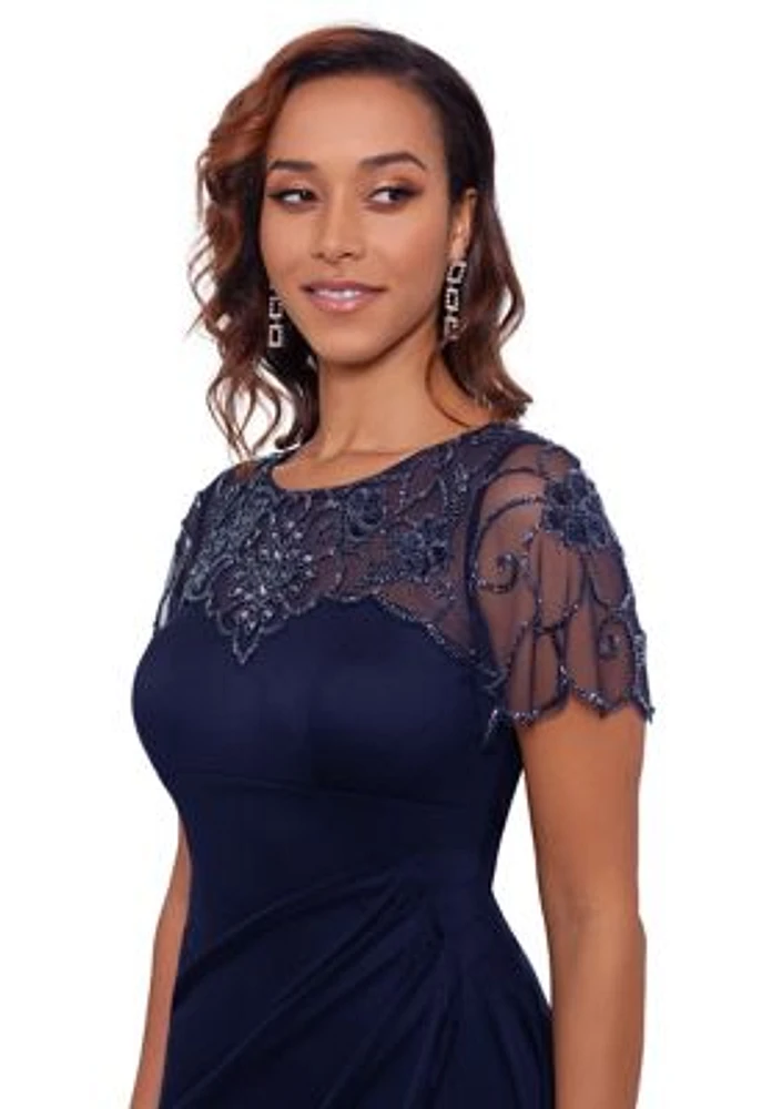 Women's Crew Neck Illusion Beaded Slim Gown