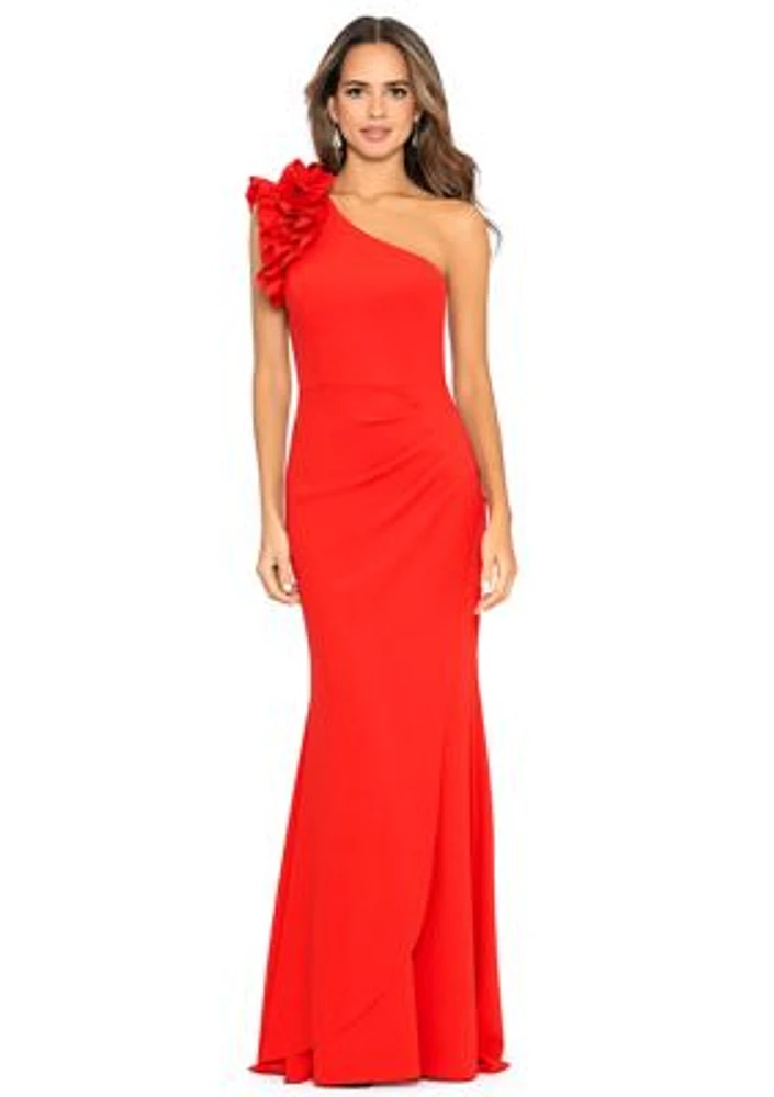 Women's One Shoulder Ruffle Scuba Crepe Slim Gown