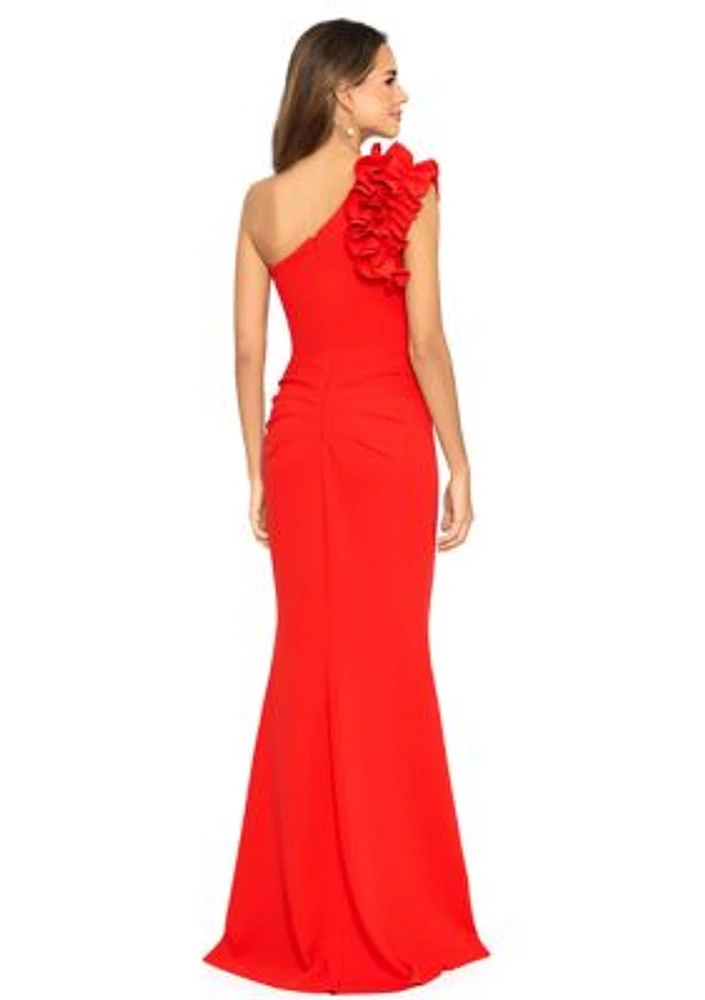 Women's One Shoulder Ruffle Scuba Crepe Slim Gown