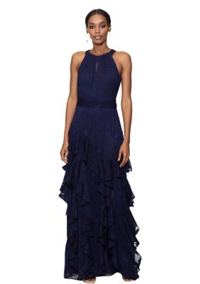 Xscape Women's Halter Neck Sleeveless Ruffle Fit and Flare Chiffon Gown at CoolSprings Galleria in Franklin, TN Xscape Women's Halter Neck Sleeveless Ruffle Fit and Flare Chiffon Gown at CoolSprings Galleria in Franklin, TN