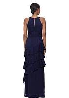 Women's Halter Neck Sleeveless Ruffle Fit and Flare Chiffon Gown