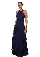 Women's Halter Neck Sleeveless Ruffle Fit and Flare Chiffon Gown