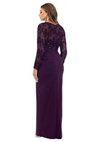 Women's Embellished Long Sleeve Crew Neck Side Ruch Gown