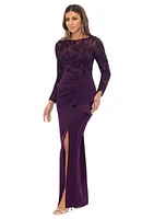 Women's Embellished Long Sleeve Crew Neck Side Ruch Gown