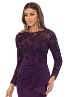 Women's Embellished Long Sleeve Crew Neck Side Ruch Gown