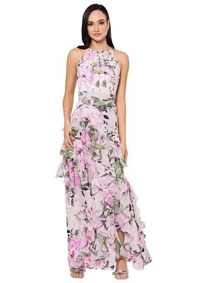 Women's Halter Neck Sleeveless Floral Printed Ruffle Fit and Flare Gown