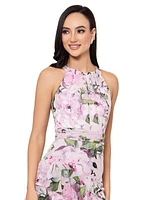 Women's Halter Neck Sleeveless Floral Printed Ruffle Fit and Flare Gown