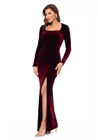 Women's Square Neck Solid Side Scrunch Slit Gown